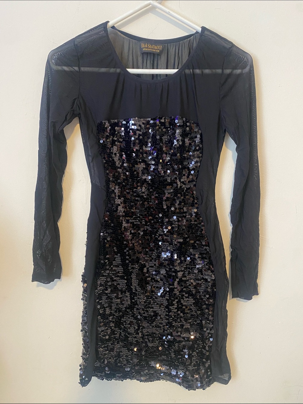 Black Sequin Sheath Dress with Mesh Sleeves -